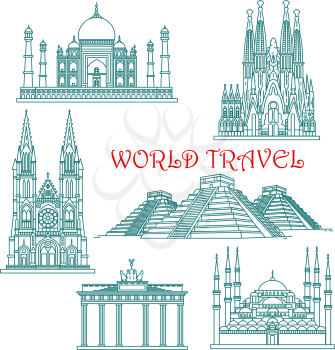 World travel and architecture landmark thin line icons with Taj Mahal and Brandenburg Gate, Hagia Sophia and Sagrada Familia, Burgos Cathedral and El Castillo. For travel, tourism, sightseeing themes 