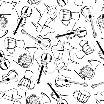 Classic musical instruments seamless pattern with sketch silhouettes of grand pianos and acoustic guitars, horns and drums over white background. Music and art, concert and entertainment or culture th