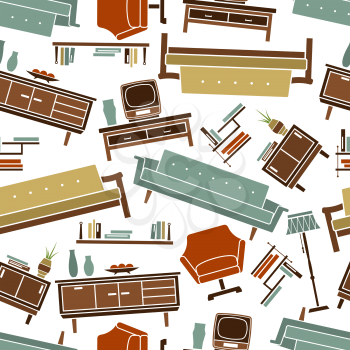 Retro home furniture seamless pattern with armchair and sofa, floor lamp and bookshelf, bedside table and chests of drawers with TV set, books and vases in pastel colors