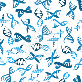 Seamless DNA elements pattern with blue twisted helices over white background. Medicine, genetics and science research themes