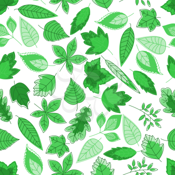 Spring foliage background with seamless pattern of green leaves of oak and maple, chestnut, birch and willow trees. Wallpaper, nature or fabric ornament themes design