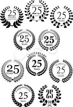 Anniversary heraldic laurel wreaths black symbols with captions Congratulations and 25 years, Celebrating and Anniversary. Greeting card or jubilee invitation and heraldic design usage