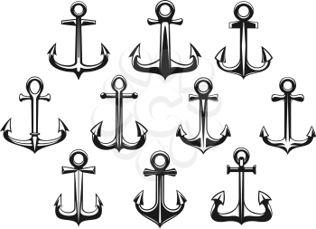 Retro decorative ship anchors icons. Black silhouettes of stocked anchors for navy heraldry, tattoo or nautical symbol design