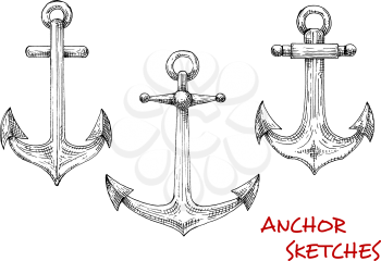 Vintage marine admiralty anchors sketches with forged shanks and movable stocks with balls. Using in nautical tattoo, marine heraldic emblem or travel design 