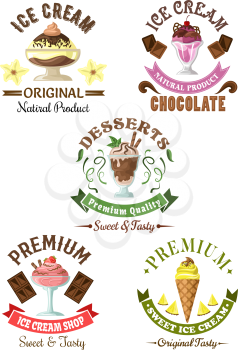 Premium ice cream desserts emblems with enjoyable pineapple soft serve cone and chocolate, vanilla and cherry, strawberry sundae ice cream desserts, decorated by fresh fruits, mint leaves and colorful