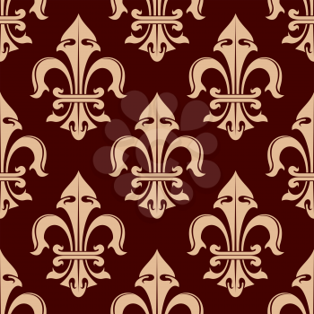Pale brown fleur-de-lis seamless pattern with stylized floral elements of heraldic lilies over dark brown background. Heraldic bakground, vintage interior or wallpaper theme