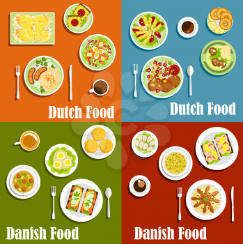 Traditional dutch and danish open sandwiches on rye bread , served with seafood and cheese, meat and fish dishes garnishing with fresh vegetables, sauerkraut and egg salad, cinnamon rolls, pancakes an