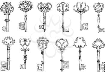 Vintage sketches of medieval door keys adorned by forged floral motifs with decorative elements. Decoration, embellishment, security or safety theme design
