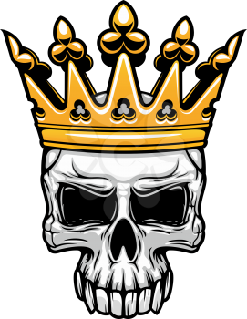 Crowned king skull symbol of spooky human cranium with royal gold crown. For tattoo, t-shirt print or Halloween design usage