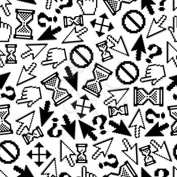 Computer cursors seamless pattern with randomly scattered pixelated symbols of mouse hand and arrow, hourglass and question mark, access denied and cursor direction over white background. May be used 