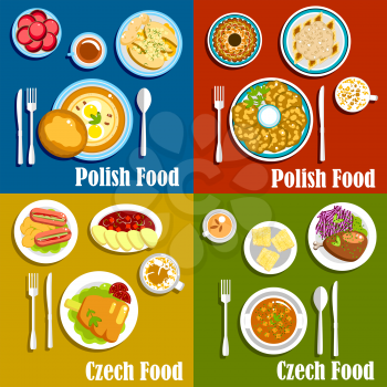 Popular dishes of polish and czech cuisine with thick soups and potato pancakes, baked pork knee, fish and duck, pickled sausages and vegetarian dumplings, gingerbread, donuts and trdelnik cakes