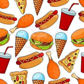 Seamless pattern of assorted tasty fast food with cheeseburger and thin slices of pepperoni pizza, hot dogs and fried chicken legs, mint ice cream cones and red paper cups of sweet soda on white backg