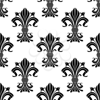 Black and white fleur-de-lis ornament with seamless pattern of elegant iris buds and curved leaves gathered and tied in bunches. For heraldic theme, fabric or interior design 