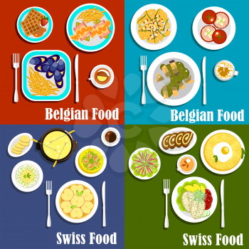 Traditional potato, seafood and cheese dishes of swiss and belgian cuisine with popular desserts such as waffles, chocolate swiss rolls and apple tart, served with coffee and tea drinks
