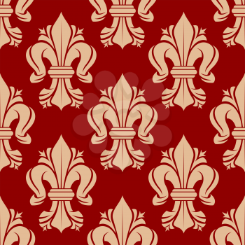 French heraldic lilies seamless pattern with bold ornament of beige fleur-de-lis symbols on red background. Vintage interior accessories, royal theme background or fabric design