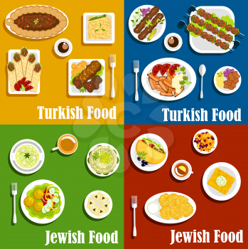 Kosher jewish and authentic turkish cuisine with kebabs and matzo balls with fresh vegetables garnishing, potato pancakes, shawarma and falafel wraps, pilaf and noodle casserole, meat pie, sweet carro