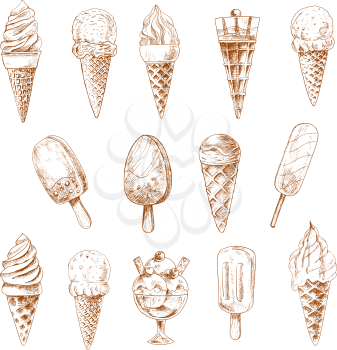 Sketches of ice cream cones and fruity popsicles, chocolate covered ice cream on stick and ice cream sundae desserts topped with fresh berries, caramel sauce and fruit jam, nuts and waffle tubes