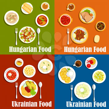 Popular dishes of hungarian and ukrainian cuisine with borscht, beef and bean goulash stew, vegetable dumplings and potato pancakes, goose liver and fish soup, bell pepper salads, cottage cheese fritt