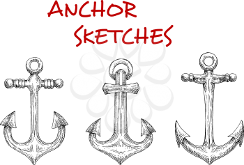 Old fashioned nautical anchors with decorative stock rods. Sketch style. Navy heraldic symbol, marine and adventure themes