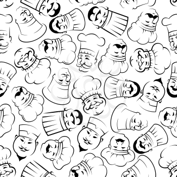 Black and white chefs silhouettes in toques seamless pattern of smiling moustached cooks of french and italian, chinese and japanese cuisines. Cafe and restaurant menu background design