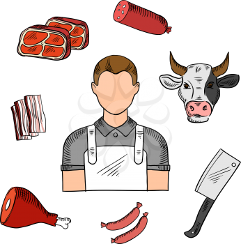 Male butcher with meat products color sketched icons with cpork sausages, bacon and dry cured ham, salami stick and fresh beef steaks, cleaver knife and cow head. Livestock farming or butchery profess