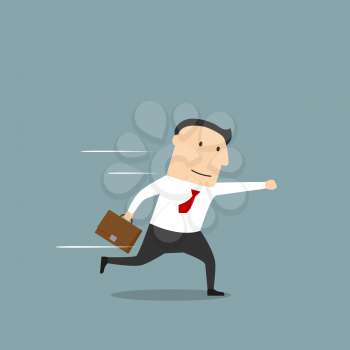 Smiling businessman with briefcase running in hurry to work or business meeting with one arm extended in front. Time management, way to success or career concept themes
