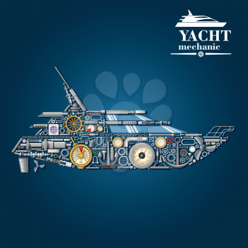 Yacht mechanics scheme with motor boat formed of engine parts and anchor, helm and propeller, rudder and portholes, steering system and engine order telegraph, barometer and handrail, cabin windows an
