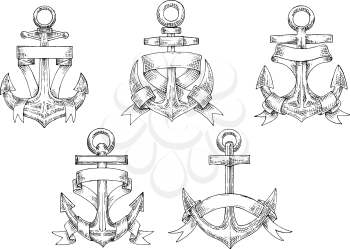 Sketches of vintage marine anchors, wrapped by ribbons with forked ends and copyspace for text. Nautical heraldry or yachting sport themes
