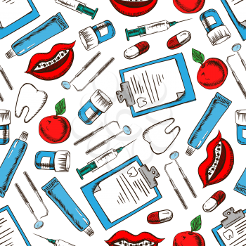 Dental medicine background for dentistry, dental treatment and hygiene design. Seamless pattern of teeth, dentist tools and syringes, pills and toothpaste, toothy smiles with braces, clipboards and ap