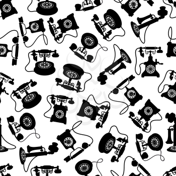 Retro telephones seamless pattern with black silhouettes of rotary dial and candlestick phones with magneto handles and decorative handsets over white background