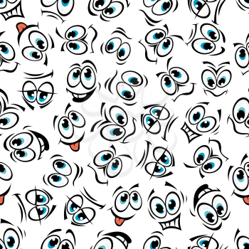 Funny cartoon comics faces seamless background pattern of blue eyed smileys with happiness, fright, love, confusion, distrust, rage and hope emotion expressions. Comics and scrapbook page backdrop des