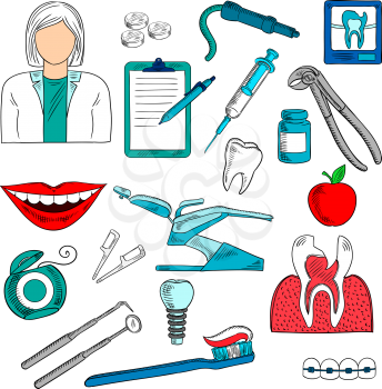 Female dentist with tools and dentist equipment as chair and pills, syringe, cross section and x ray of cracked or carious teeth, toothbrush and floss, implant and braces, dental checkup list and appl