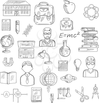 Education sketches with school and books, pencil and notebook, globe, laptop or calculators, teacher and apple, light bulb, backpacks, formula, scissors, compasses, lamp, laboratory tubes, models of D