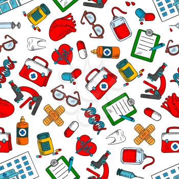 Seamless medical checkup and health care background with colorful sketchy pattern of medications, syringes, microscopes, blood bags, human hearts, teeth, first aid kits, glasses, DNA, hospital buildin
