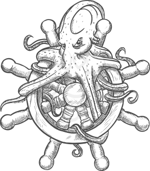 Vintage sketch of angry and dangerous octopus on helm of sailing ship with entwined tentacles around handles and felloe. Use as nautical mascot or tattoo design