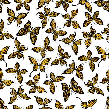 Decorative seamless flying butterflies background with pattern of yellow and black butterflies with openwork ornamental wings. Great for textile or scrapbook page backdrop design