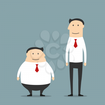 Cartoon smiling fat and skinny businessmen in suits. May be use as body types comparison or healthy life style concept design