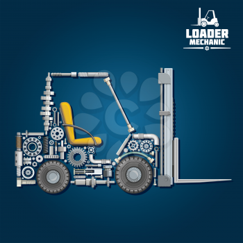Loader mechanics symbol with forklift truck, composed of fork arms, wheels, seat, gears, ball bearings, hydraulic system parts, lifting chain, pressure hoses, crankshaft, axles, mast and carriage. Tra