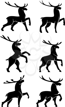 Black silhouettes of wild forest bull elks or deers with large branching antlers posing during rut. Wildlife mascot, hunting symbol or t-shirt print design usage
