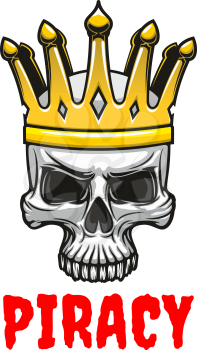 Dreadful cartoon skull in golden king crown for Halloween mascot or tattoo design usage with evil skeleton monster and bloody caption Piracy