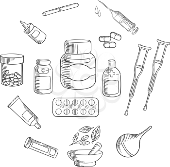 Medication bottles sketch icon, surrounded by pills, capsules, syringe, drops, pipette, ointment tube, enema, forearm crutches and apothecary mortar and pestle with healing herbs
