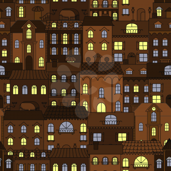 Dark streets of old town at night background with retro seamless pattern of brown houses with yellow and blue shining windows. Use as european travel or interior accessories design