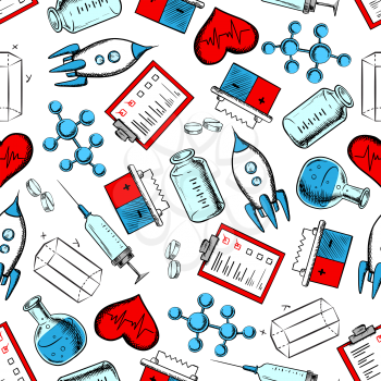Science, medicine and laboratory research seamless pattern with pills, molecular models, syringes, hearts, laboratory flasks, geometric figures, rockets, batteries and clipboards. Use as background fo