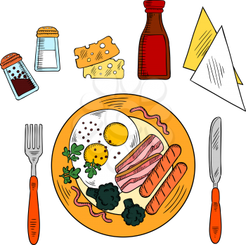Traditional breakfast colored sketch icon of fried eggs and bacon, grilled sausages and broccoli vegetables, served with sliced cheese, seasonings, ketchup and napkins with knife and fork. Use as amer