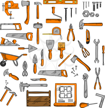 Hammers, wrenches, saws and knives, scissors and screwdriver, trowels and wheelbarrow, spatula, pliers and axe, bench vice, level ruler, paint roller and brush, tape measure, jack plane, screws and na