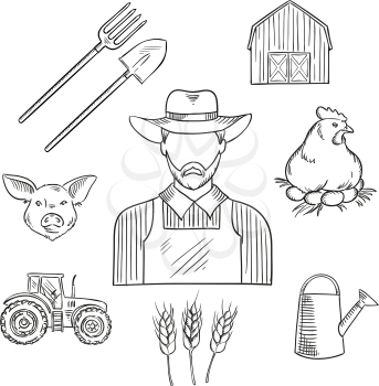 Farmer profession sketch for agriculture design with bearded man in hat and overalls, encircled by tractor, barn, wheat plantings, spade, pitchfork and watering can, chicken on roost with eggs and pig