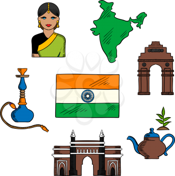 National symbols of India for travel and indian culture theme design with colored sketches of flag and map of Republic of India, young woman in silk sari, Gateway of India, tea pot with green leaves, 