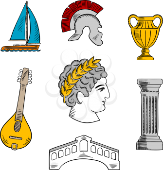 Popular tourist attractions of Italy with bust of Julius Caesar emperor, ancient roman helmet, antique column and vase, mandoline, venetian Rialto bridge and yacht. Colorful sketch icon for travel des