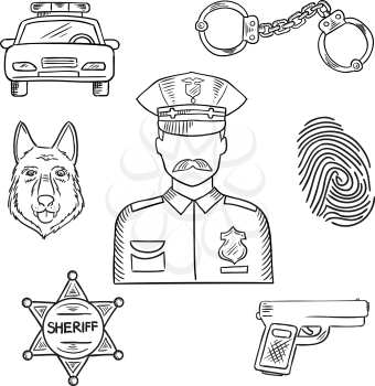 Sketch of police officer in uniform with badge and peaked hat with police car, pistol, handcuffs, sheriff star, police dog and fingerprint. Emergency service professions design