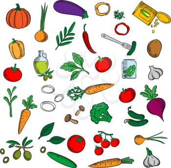 Bright vegetables and vegetarian condiments sketch icon with fresh tomatoes, onions, eggplant, garlic, broccoli, carrots, cucumbers, chilli and bell peppers, pumpkin, potato, beetroot and olives fruit